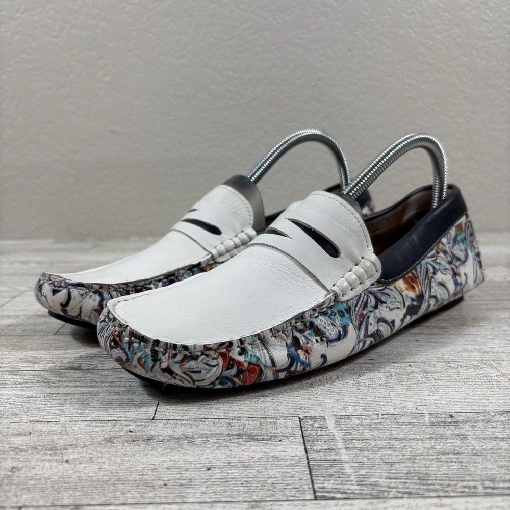 Robert Graham Stormy Floral White Leather Penny Loafers Men's Size 9